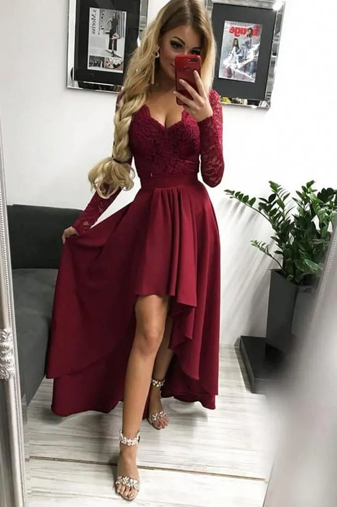 1292,burgundy long sleeves v-neck applique lace chiffon long evening dresses