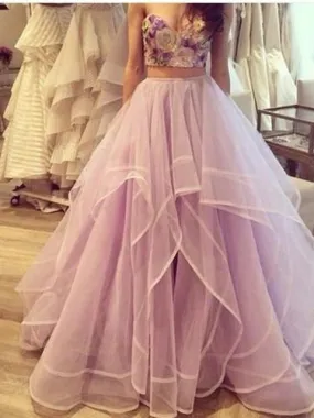 2 Pieces Sweetheart Neck Floor Length Long Prom Dresses, Long Purple Formal Dresses