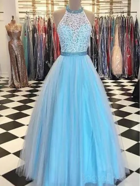 2018 Blue Lace Halter  A-line Long Evening Prom Dresses, 17644