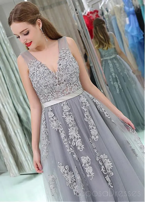 2018 Gray Lace V Neckline Tulle Long Evening Prom Dresses, Popular Cheap Long 2018 Party Prom Dresses, 17265