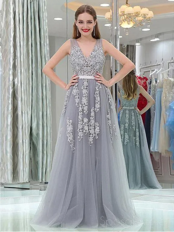 2018 Gray Lace V Neckline Tulle Long Evening Prom Dresses, Popular Cheap Long 2018 Party Prom Dresses, 17265