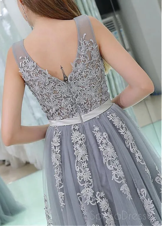 2018 Gray Lace V Neckline Tulle Long Evening Prom Dresses, Popular Cheap Long 2018 Party Prom Dresses, 17265