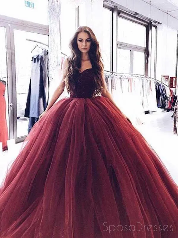 2018 Maroon Strapless Ball Gown Beaded Long Custom Evening Prom Dresses, 17453