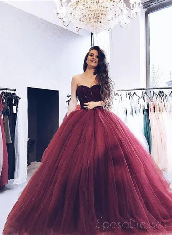 2018 Maroon Strapless Ball Gown Beaded Long Custom Evening Prom Dresses, 17453