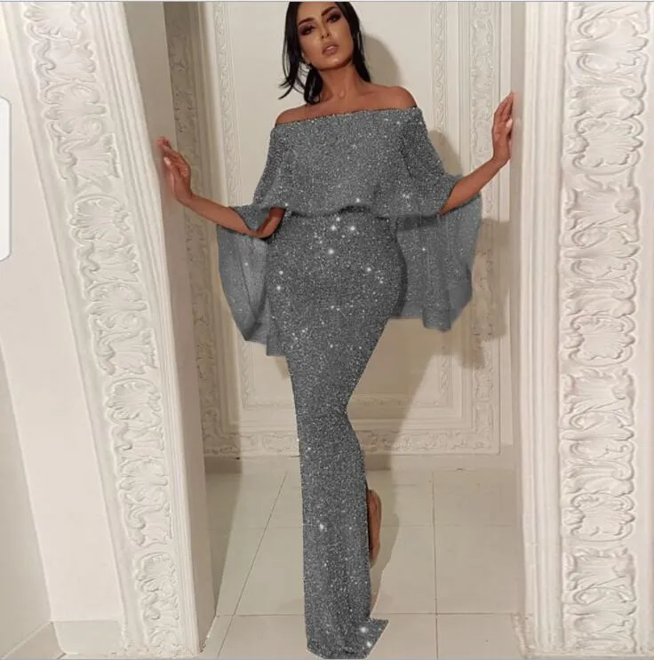 2022 Sequin Evening Gowns Off Shoulder Prom Dresses Shiny Mermaid Women Party Dresses Wear Gown With Cape