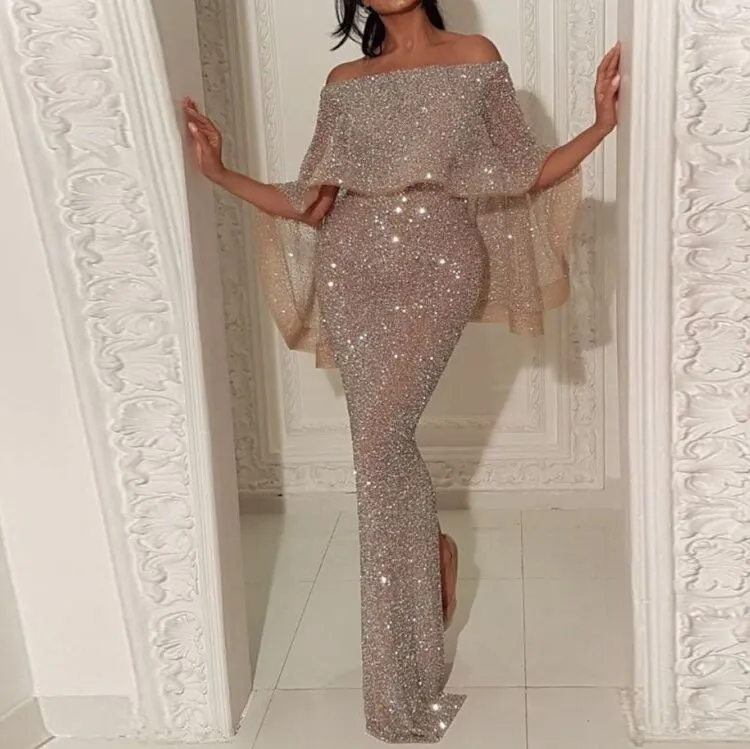 2022 Sequin Evening Gowns Off Shoulder Prom Dresses Shiny Mermaid Women Party Dresses Wear Gown With Cape