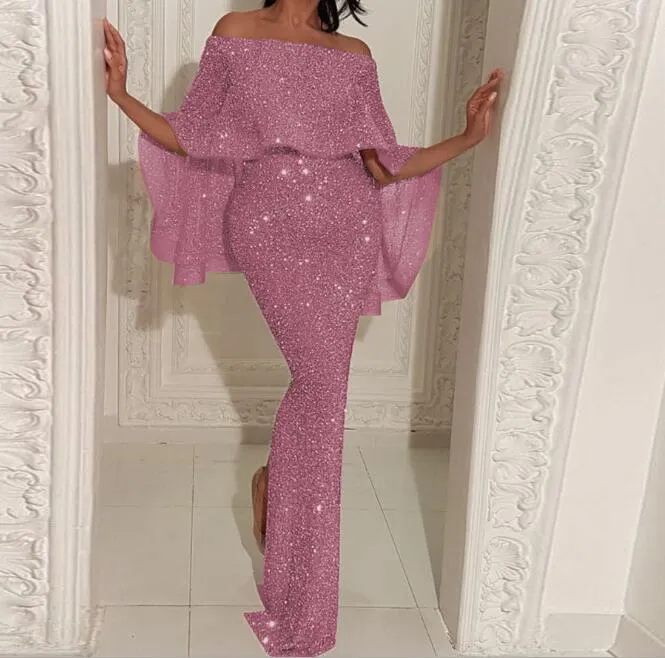 2022 Sequin Evening Gowns Off Shoulder Prom Dresses Shiny Mermaid Women Party Dresses Wear Gown With Cape