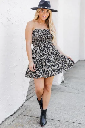 A Good Feeling Strapless Black Floral Smocked Printed Romper Dress FINAL SALE