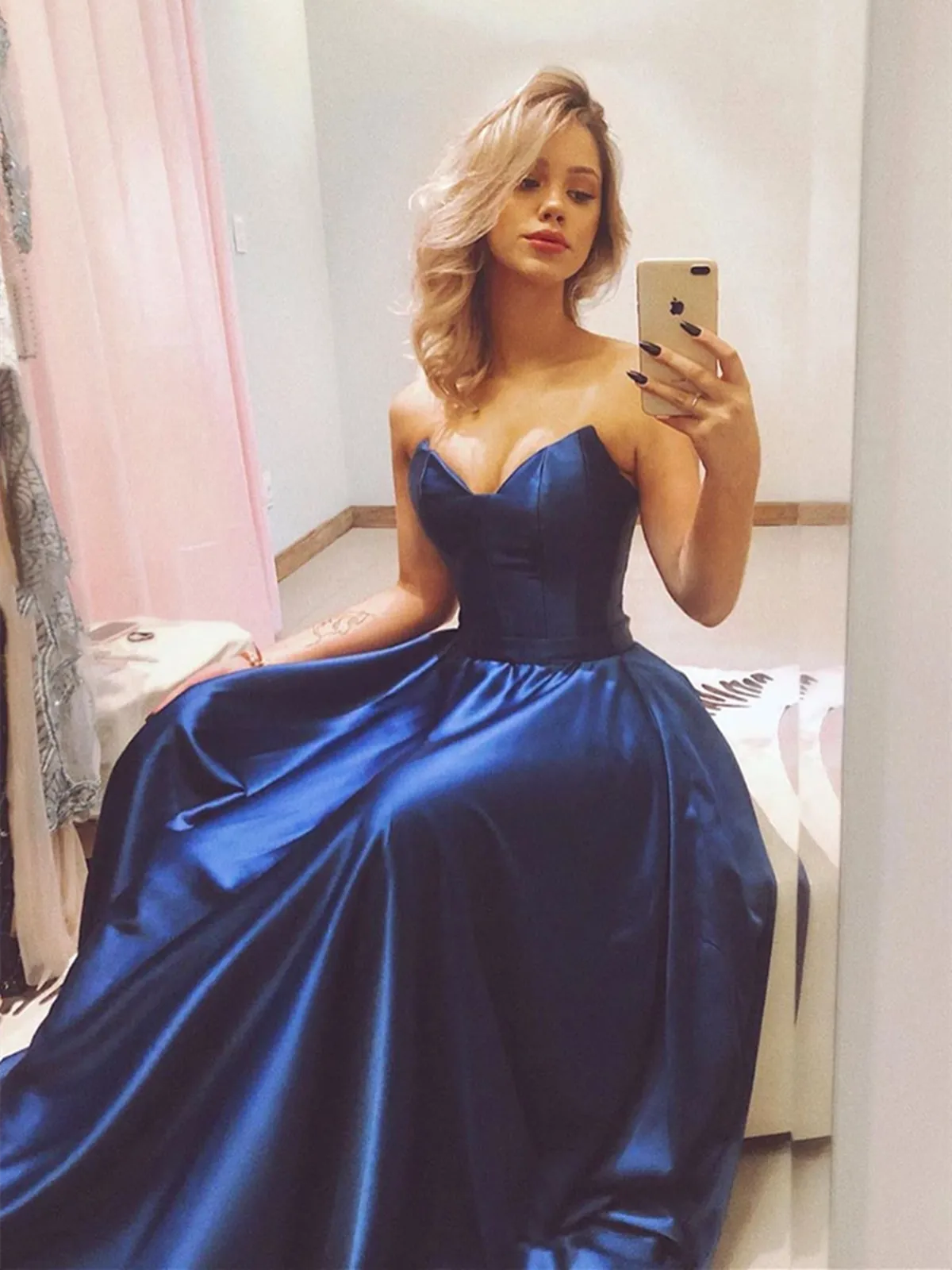 A Line Blue Strapless Satin Long Prom Dresses, Blue Strapless Satin Long Formal Evening Dresses