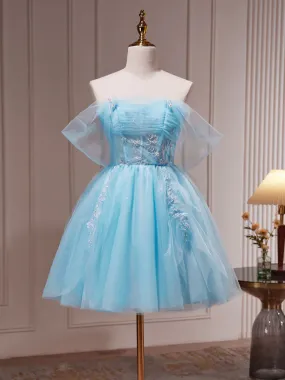 A Line Blue Tulle Short Beaded Prom Dresses, Short Blue Graduation Homecoming Evening Dresses