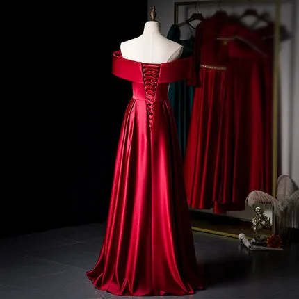 A line Burgundy Satin Prom Dresses SH170