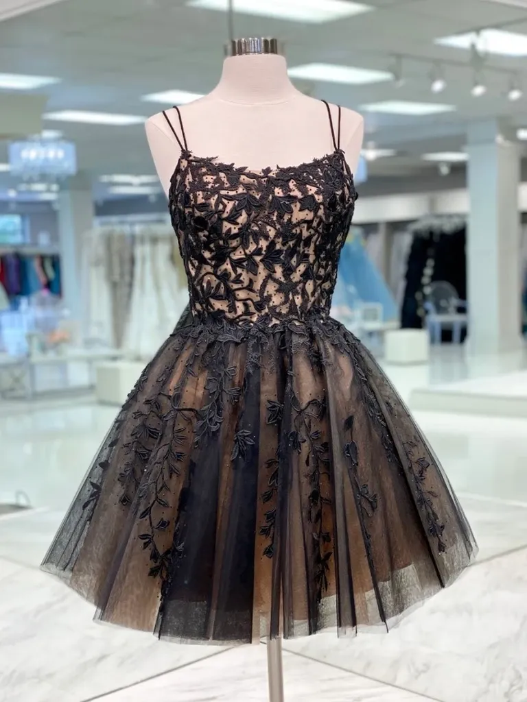 A Line Champagne Black Lace Short Prom Dresses, Short Champagne Black Lace Graduation Homecoming Evening Dresses