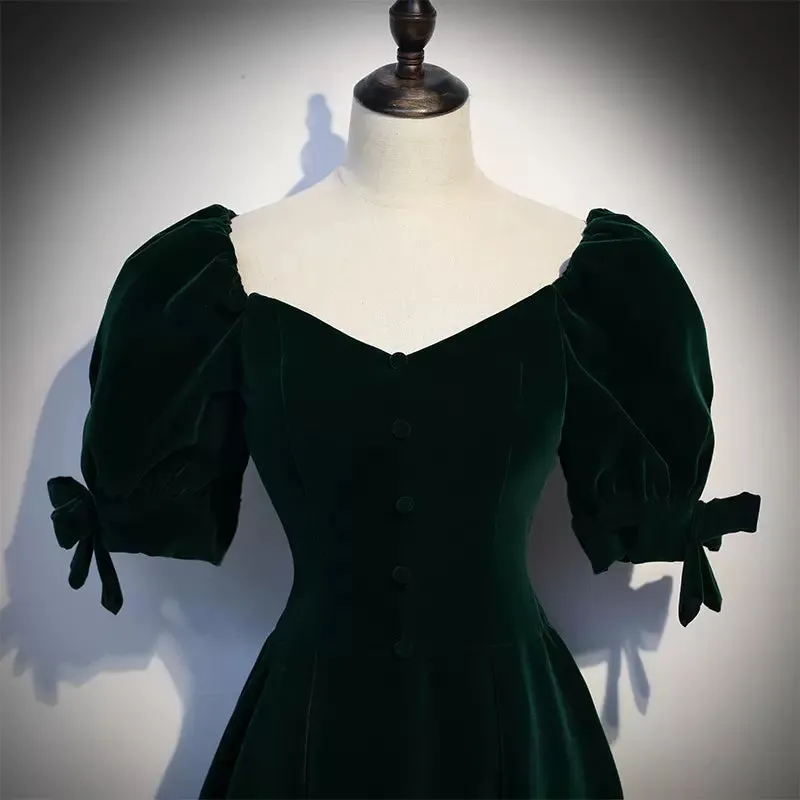 A line Dark Green Velvet Prom Dresses SH058