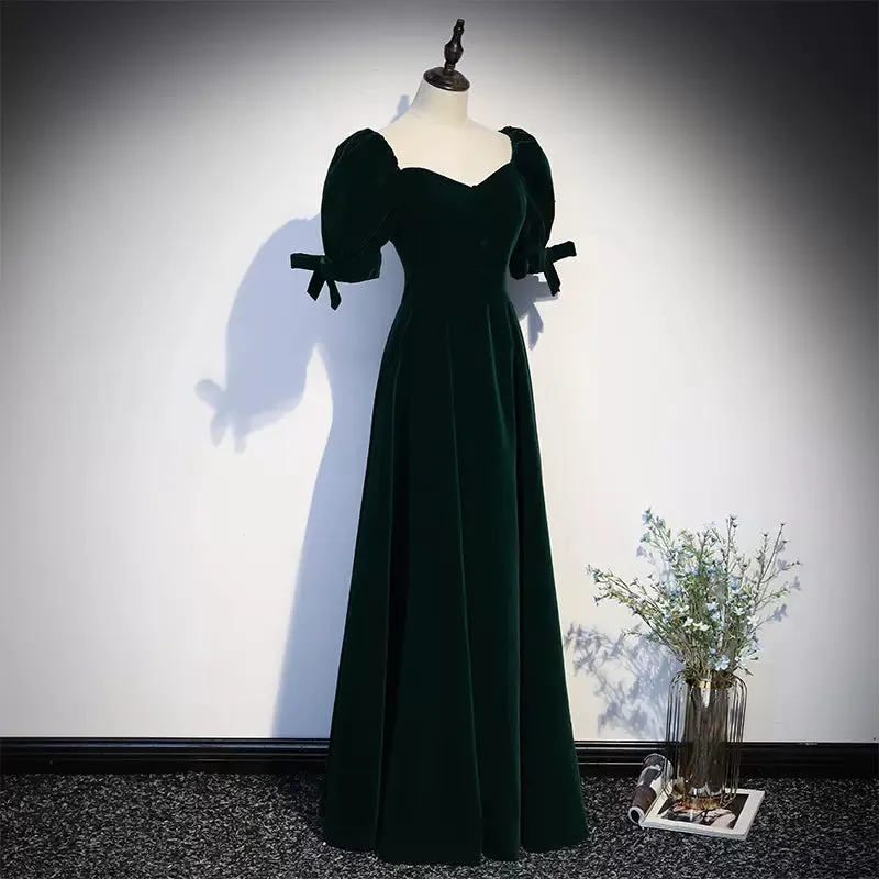 A line Dark Green Velvet Prom Dresses SH058