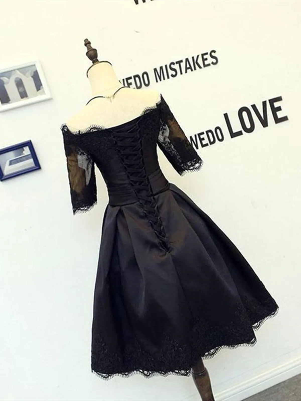 A Line Half Sleeves Off Shoulder Black Short Homecoming Dresses,  Off Shoulder Black Short Lace Prom Dresses