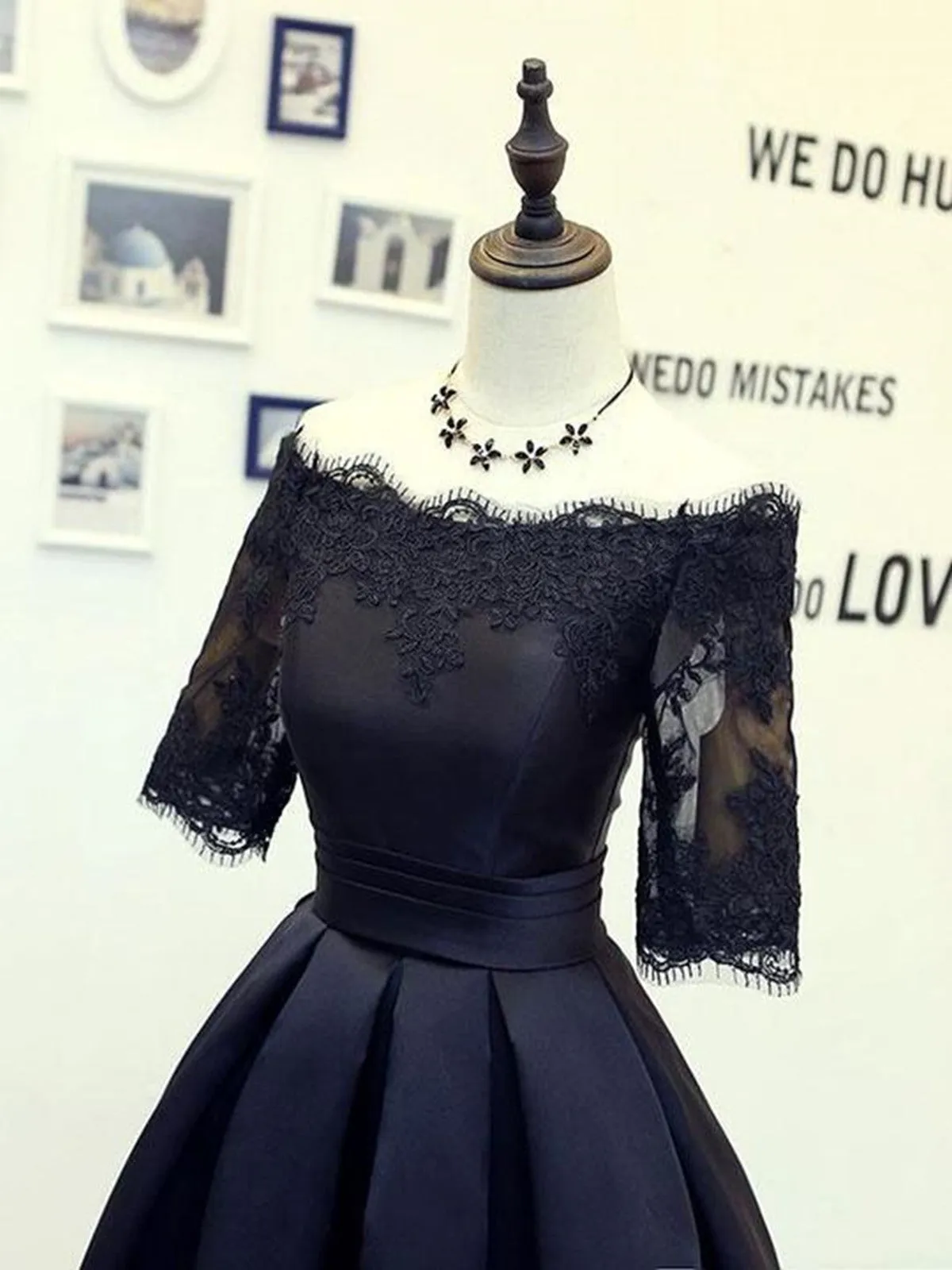 A Line Half Sleeves Off Shoulder Black Short Homecoming Dresses,  Off Shoulder Black Short Lace Prom Dresses