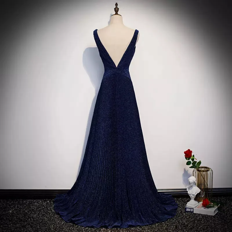 A line Navy Blue Sequin Prom Dresses Sexy Evening Dress SH094