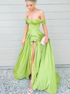 A Line Off Shoulder Green Satin Long Prom Evening Dresses, Green Formal Graduation Dresses