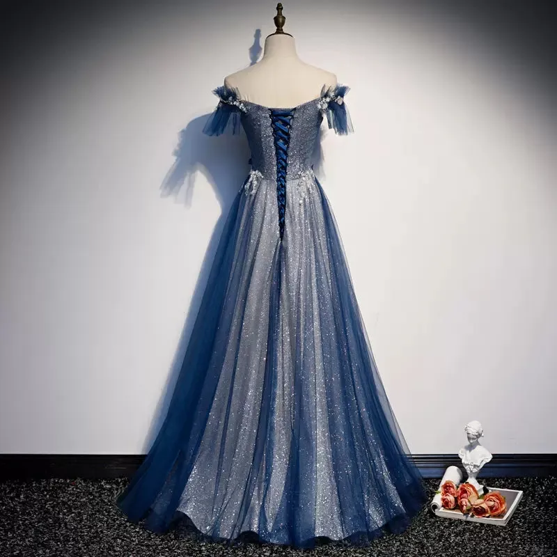 A line Off The Shoulder Tulle Blue Prom Dresses SH117