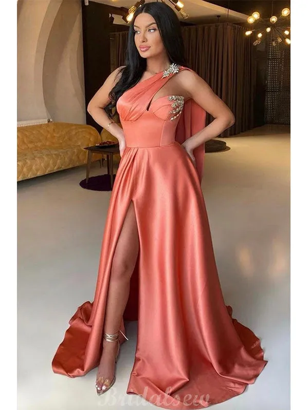 A-line One Shoulder Coral Satin Modest Women Long Evening Prom Dresses PD581