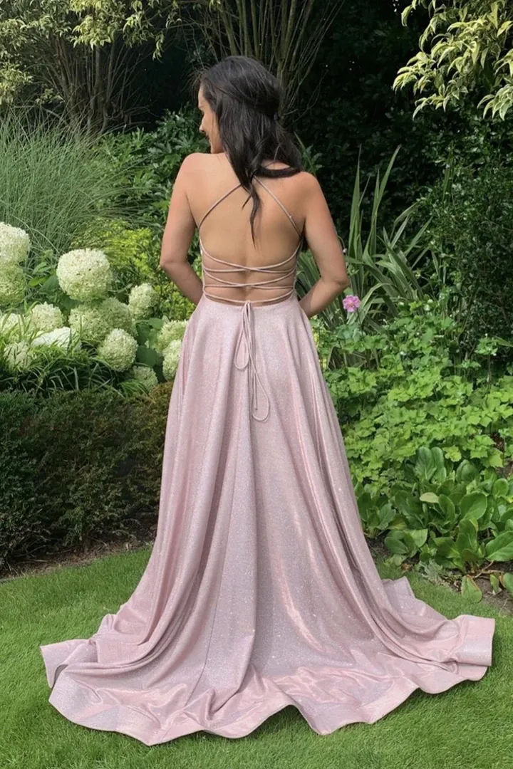 A Line Pink Satin Backless Long Prom Dresses, Pink Satin Long Formal Evening Dresses