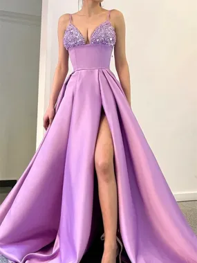 A Line Purple Satin Beads long Prom Dresses, A Line Purple Satin Beads long Formal Evening Dresses