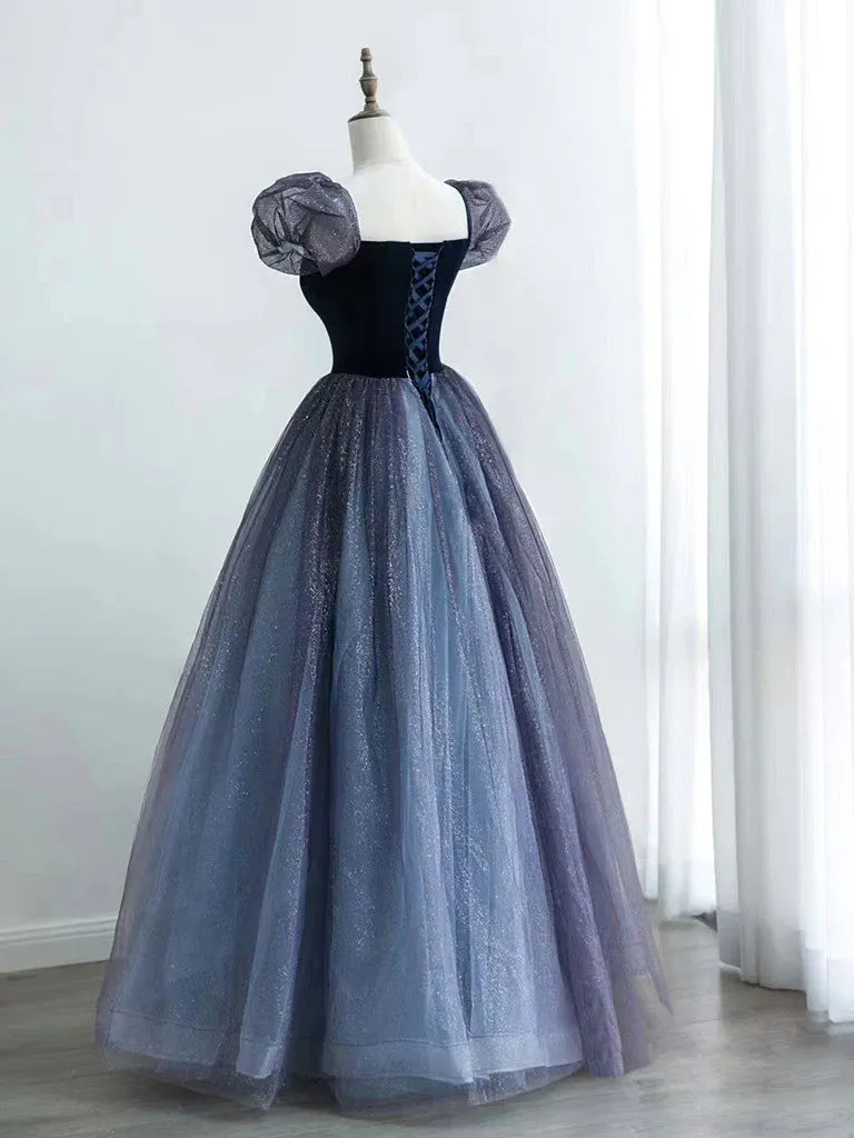 A Line Purple Velvet Tulle Long Prom Dresses, Long  Purple Tulle Formal Evening Dresses