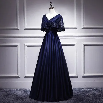 A line Satin Long Navy Blue Lace Prom Dresses SH193