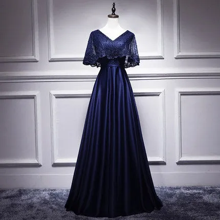 A line Satin Long Navy Blue Lace Prom Dresses SH193