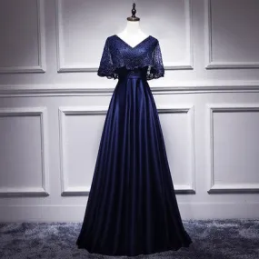 A line Satin Long Navy Blue Lace Prom Dresses SH193