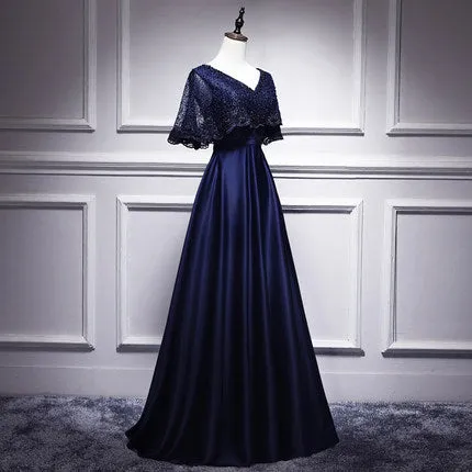 A line Satin Long Navy Blue Lace Prom Dresses SH193