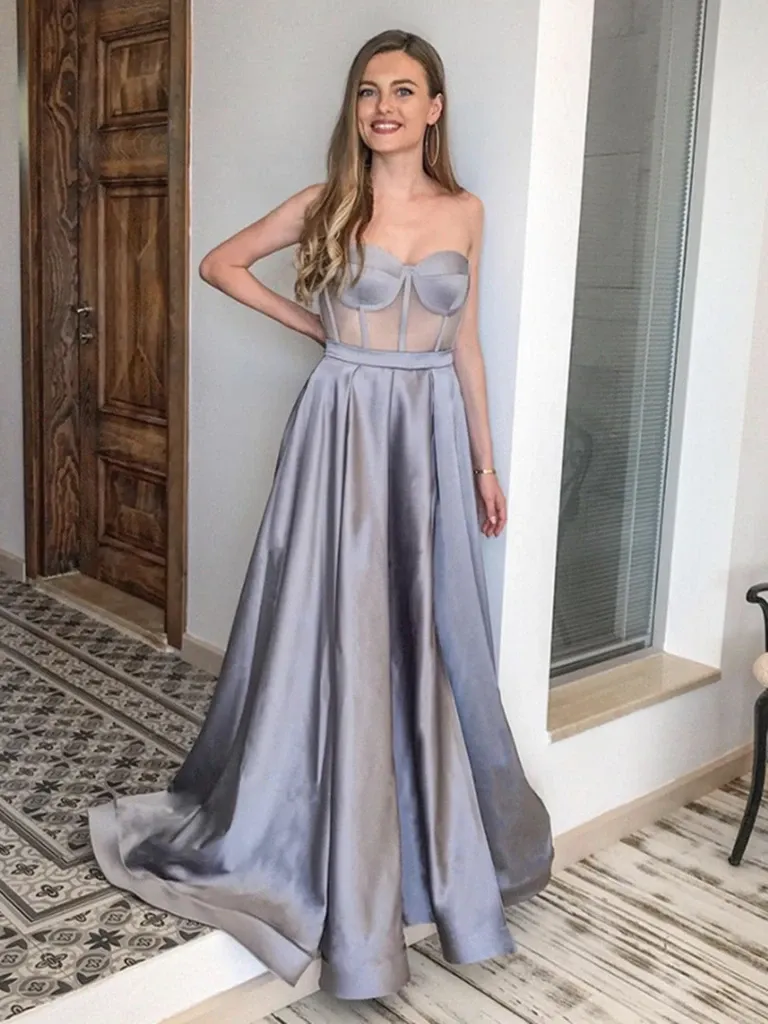 A Line Sexy Sweetheart Neck Silver Gray Long Satin Prom Dresses, Silver Gray Formal Evening Dresses