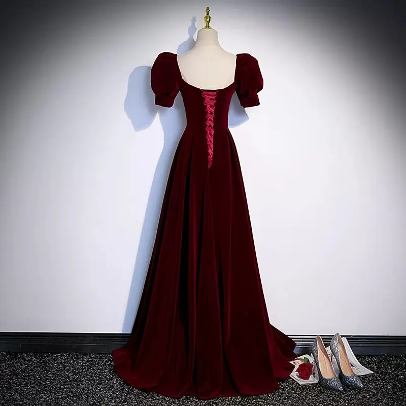 A line Short Sleeves Burgundy Velvet Long Prom Dresses SH056