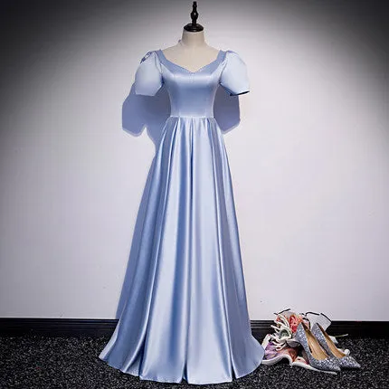 A line Short Sleeves Light Sky Blue Prom Dresses SH060