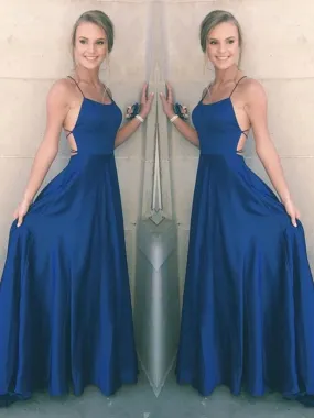 A Line Spaghetti Straps Backless Satin Royal Blue Long Prom Dresses, Royal Blue Formal Graduation Dresses