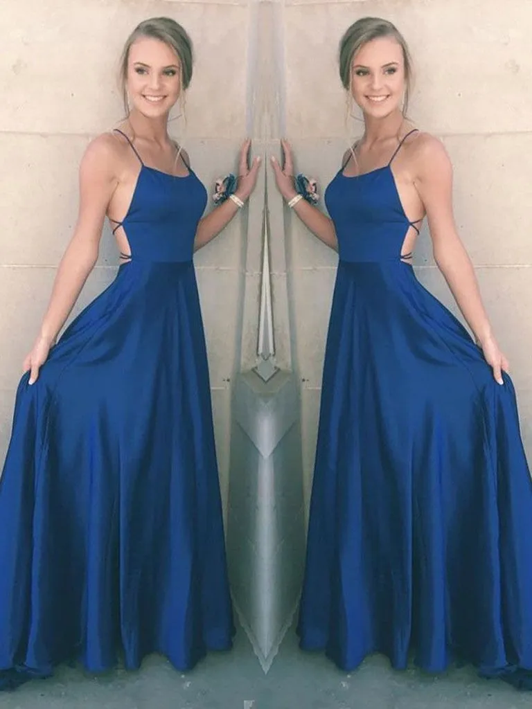 A Line Spaghetti Straps Backless Satin Royal Blue Long Prom Dresses, Royal Blue Formal Graduation Dresses