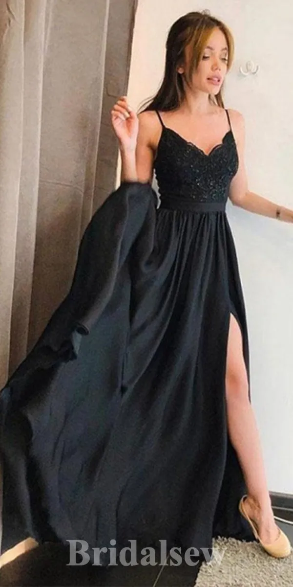 A-line Spaghetti Straps Black Slit Stylish Party Evening Long Prom Dresses PD1129