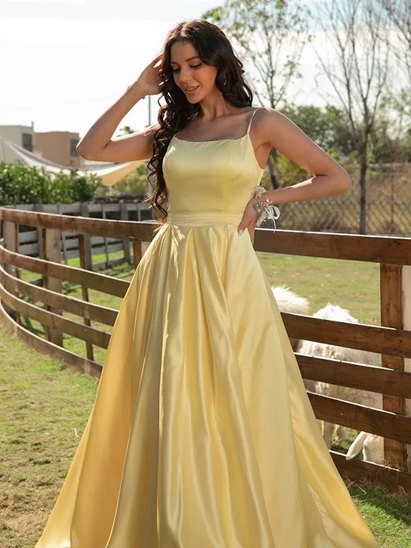 A Line Spaghetti Straps Satin Yellow Long Prom Dresses, A Line Spaghetti Straps Satin Yellow Formal Evening Dresses