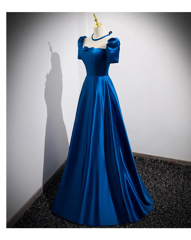 A line Square Neckline Short Sleeves Long Royal Blue Prom Dresses SH031