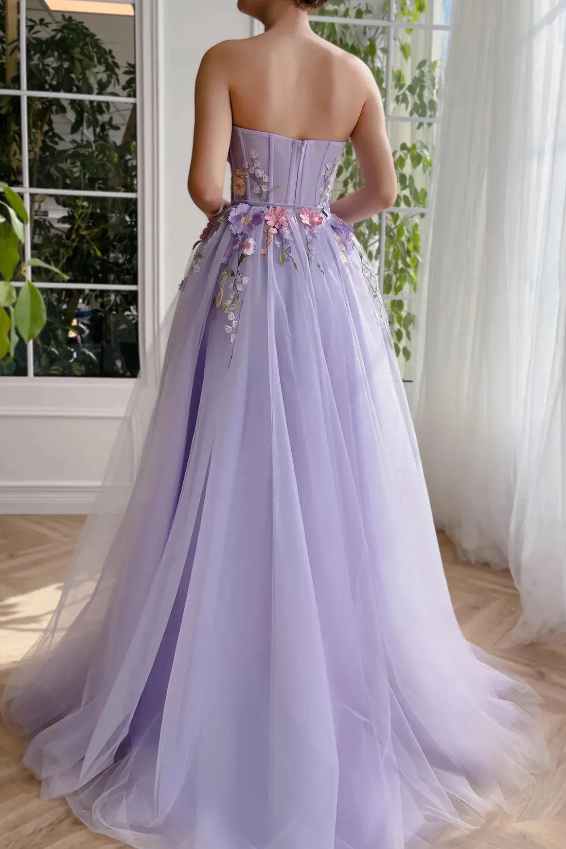 A Line  Strapless Lilac Floor Length Party Dresses with 3D Flowers, Strapless Purple Tulle Long Prom Formal Evening Dresses