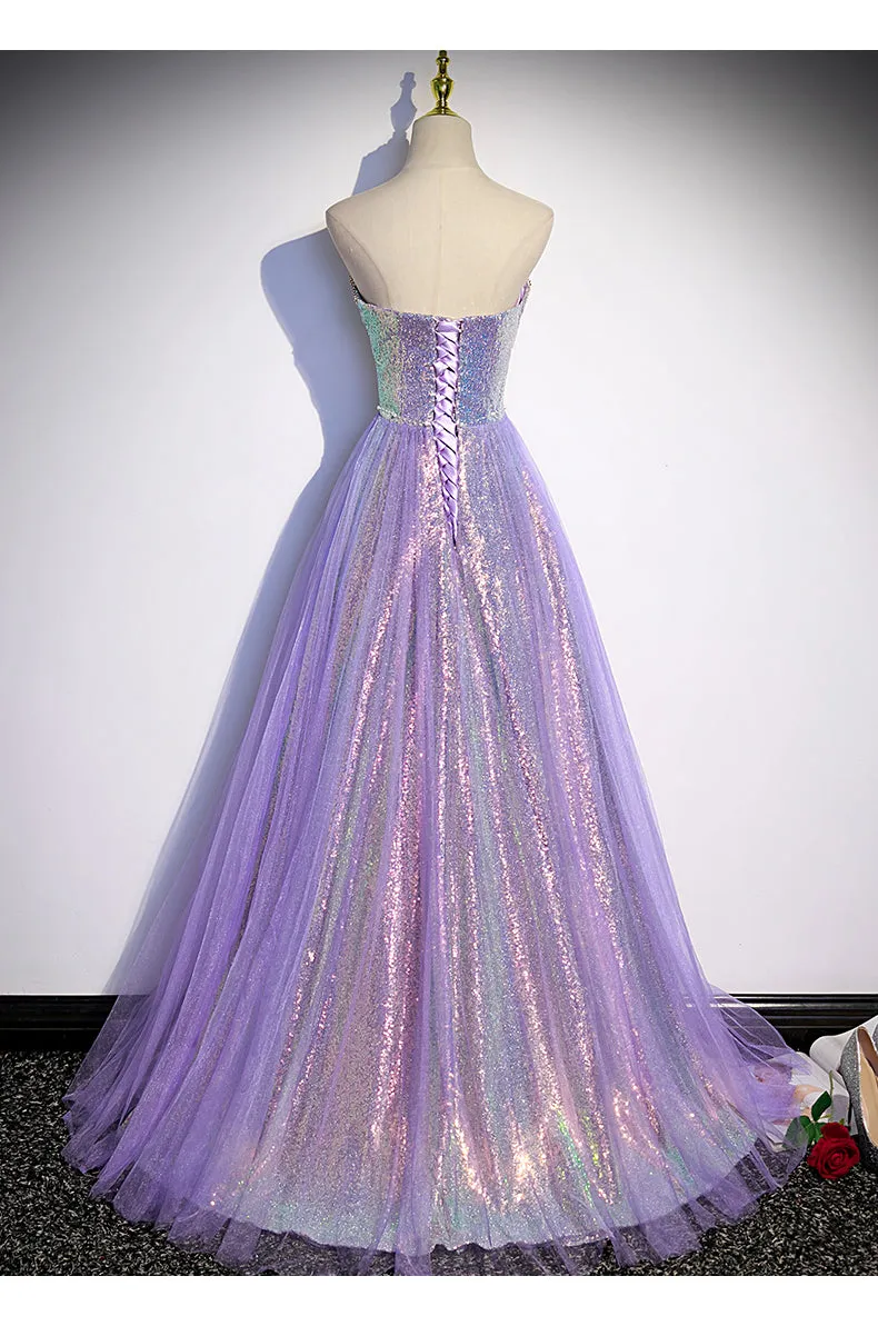 A line Sweetheart Long Tulle Lilac Prom Dresses SH036