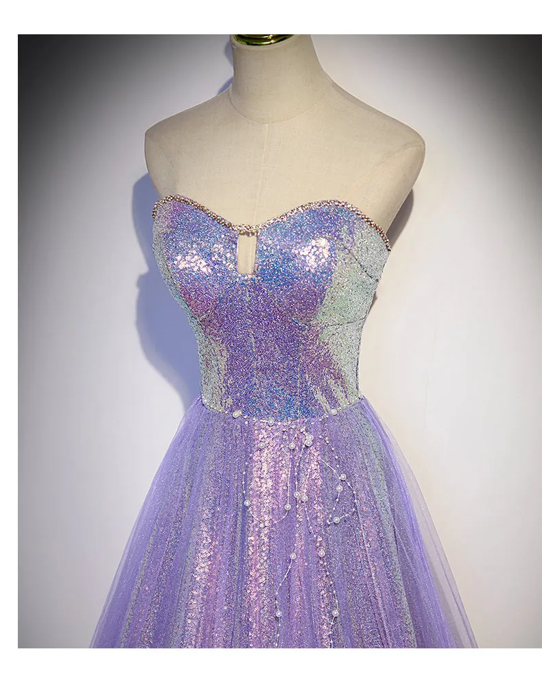 A line Sweetheart Long Tulle Lilac Prom Dresses SH036