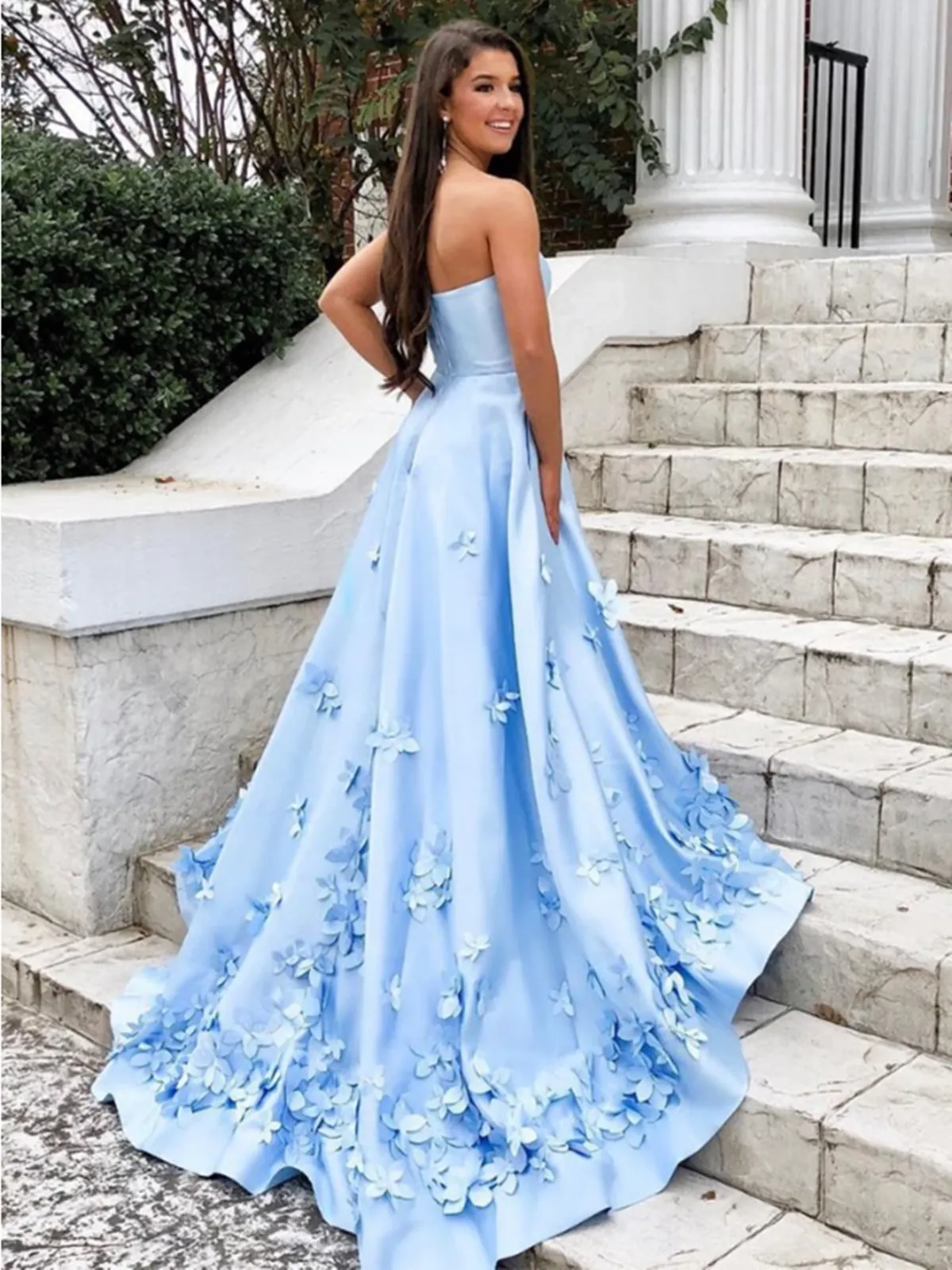 A Line Sweetheart Sky Blue 3D Floral Applique Long Prom Dresses With Pocket,  Sky Blue 3D Floral Applique Formal Evening Dresses