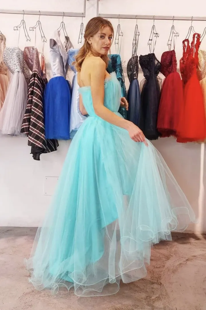 A Line Tulle High Low Blue Prom Dresses, A Line Tulle High Low Blue Formal Evening Dresses