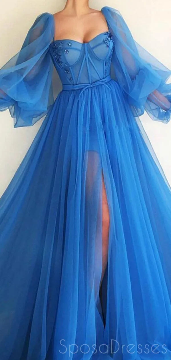 A-line Tulle Long Sleeves Blue Long Prom Dresses, Sweet 16 Prom Dresses, 12439