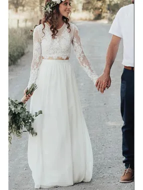 A-line Two Piece Long Sleeves Garden Vintage Beach Long Wedding Dresses WD278