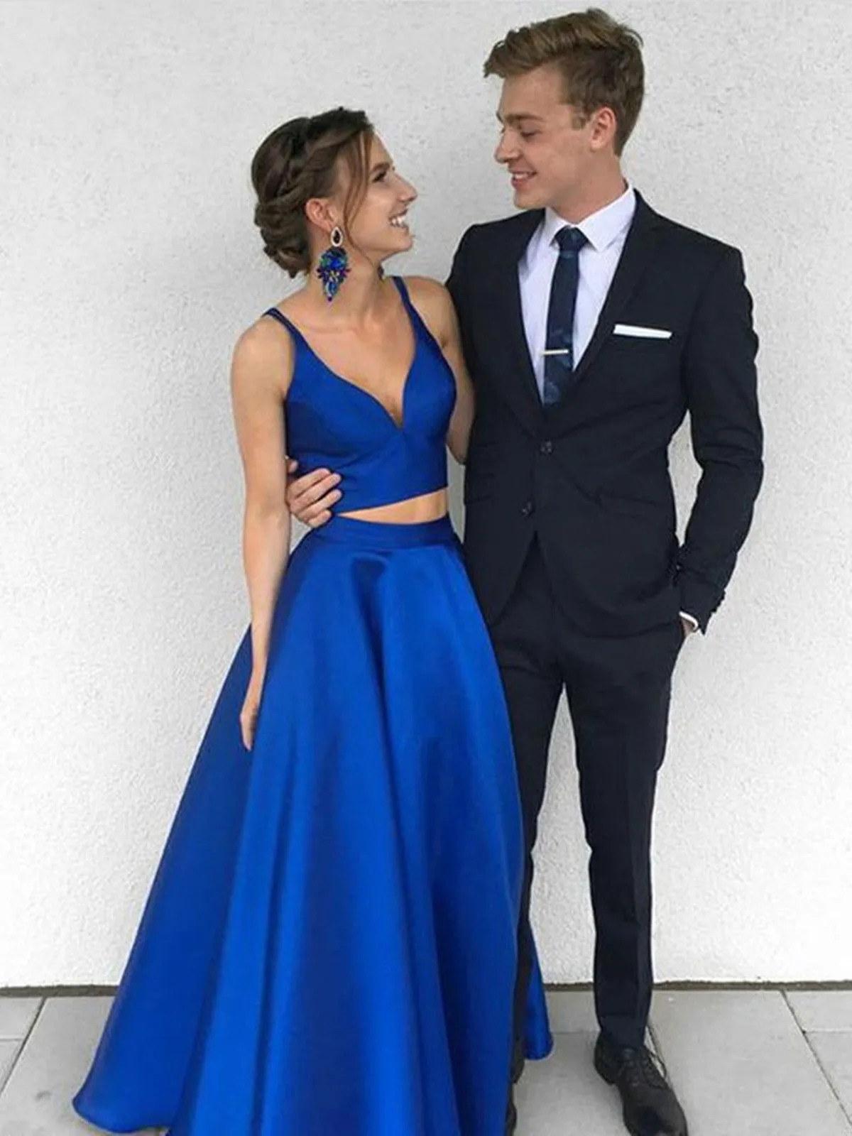 A Line Two Pieces Royal Blue Long Prom Dresses, Royal Blue Two Pieces Long Formal Dresses, Two Pieces Royal Blue Graduation Evening Dresses