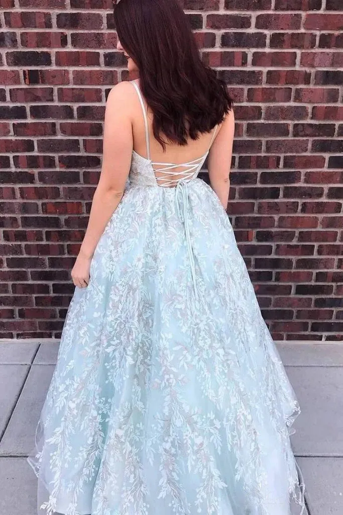 A Line V Neck Backless Blue Lace Floral Long Prom Dresses,  Open Back Blue Lace Floral Long Formal Evening Dresses