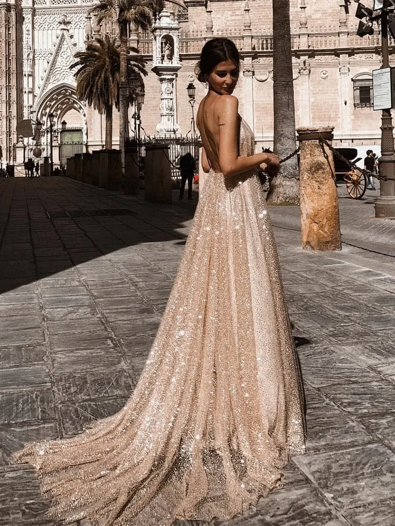 A Line V Neck Backless Champagne Long Sparkling Prom Dresses, Champagne Prom Gown, Formal Dresses