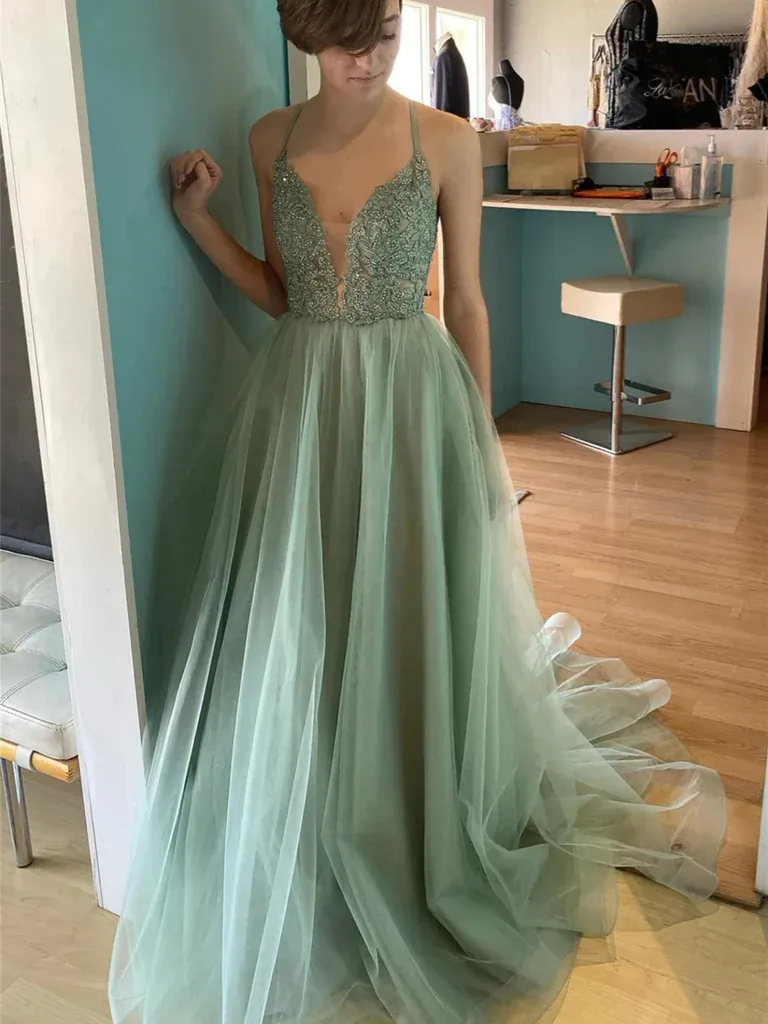 A Line V Neck Backless Sage Lace Long Prom Dresses, Open Back Lace Sage Formal Evening Dresses